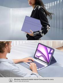 Este estuche con teclado es compatible con iPad (A16) de 11.a generación, 10.a generación, 7.a/8.a/9.a generación, iPad Air de 4.a/5.a generación/(M2) 2024/(M3) 2025, iPad Pro de 11 pulgadas (2018/2020/2021/2022). Está hecho de material de piel de poliuretano, con un teclado inalámbrico desmontable, batería de 150mAh y soporte incorporado para Apple Pencil. El color es morado grisáceo. - Púrpura polvoriento - Ver 9