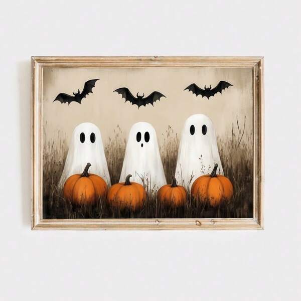 1 Pc, Wall Art, Vintage Poster, Cute Country Ghost Print Ghost Pumpkin Bat Retro Style Wall Art Vintage Cottage Halloween Decoration, Perfect Decoration For Living Room And Bedroom, Frameless Home Decor Fall Decor Room Decor