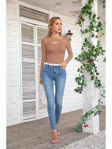 Womens Fashion Fall Cutout Long Sleeve Ribbed Slim Fitted Tops Shirts Tee Tshirts - 長卡其色 - 查看 6