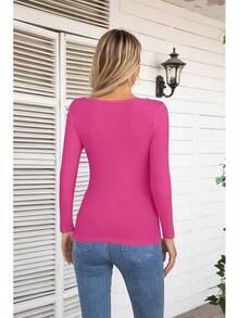 Womens Fashion Fall Cutout Long Sleeve Ribbed Slim Fitted Tops Shirts Tee Tshirts - Long-pink - View 4