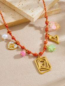1 Creative, Personalized, Multi Colored Braided Rope Chain Necklace With Gold-Plated Circle, Geometric Shape, Sun Flower, Conch Pendant, Stainless Steel Collarbone Chain