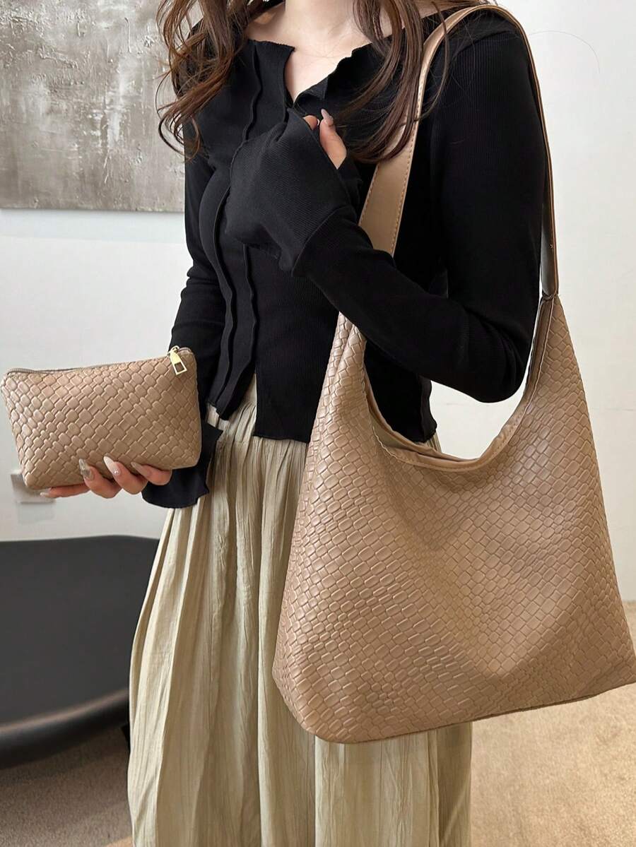 1 件女士时尚新月形编织 PU 皮革单肩包，带零钱包 - 卡其色 - 查看 1