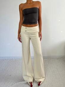 Quần nữ trơn màu thanh lịch kiểu dáng Y2K ống đứng hơi loe, cạp thấp tối giản, quần cargo casual, cạp không đối xứng, phù hợp cho trang phục công sở mùa thu/đông và hẹn hò mùa xuân. - Màu be - Xem 8