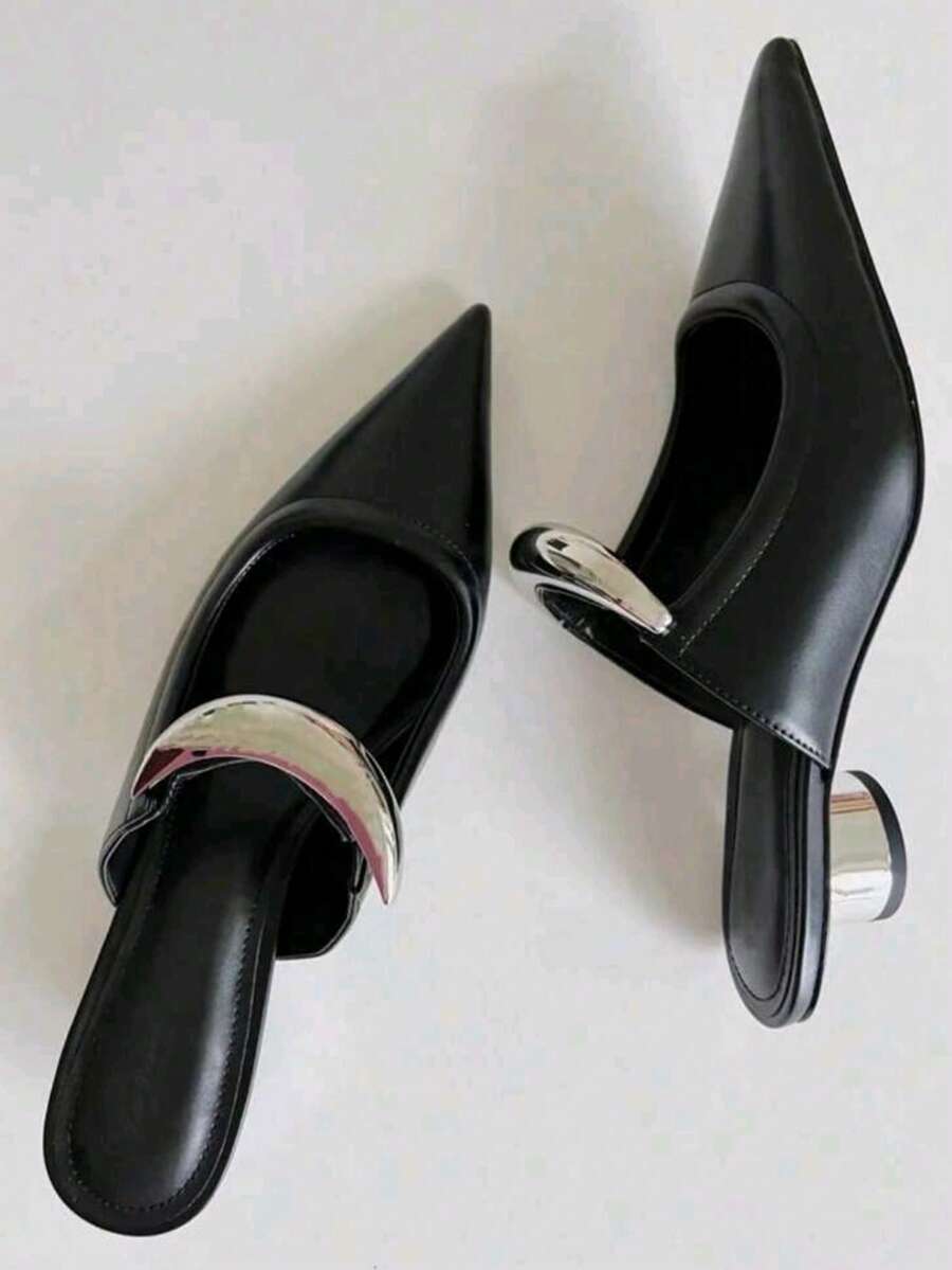 Women's New Simple Pointed Toe Mule Slippers, Black Leather Metal Decor Vintage French Chunky Heel Mid-Heel Open Back Slides, Elegant To Pair With Dresses, Fashion Mini Leather Shoes - Black - View 1