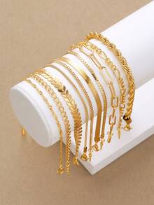 11/10/5pcs Fashionable Minimalist Elegant Airplane Chain Heart Multi-Layer Bracelet Set, Women Vacation Date Party Gift Versatile Daily Wear - Yellow Gold - View 8