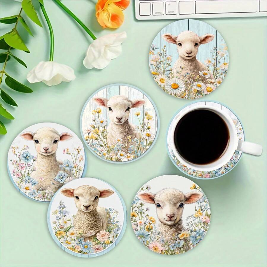 1 Set /4 Pieces /6 Pieces: Lamb Pattern Diatom Mud Coasters, Floral Coffee Coasters, Multi-Occasion Decoration For Home And Restaurant, Daily Gifts, Table Decoration, Daily Decoration, Theme Party Decoration - Multicolor - View 1