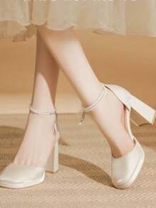 (Suggest Ordering One Size Up) Pearl Waterproof Platform Thick Heel Pumps Women, New Square Toe Mid Heel Dress Shoes To Pair With Skirts