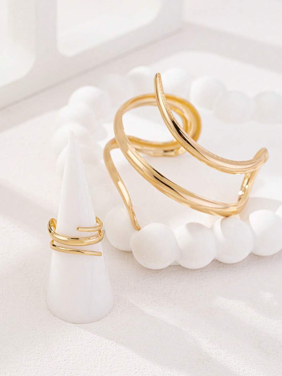 1 Set de brazalete y anillo con diseño geométrico exagerado de estilo europeo - Amarillo Oro - Ver 1