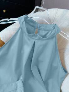 夏季女式两件套，无袖露背上衣和荷叶边下摆裙套装 - 藍色兩件套裝 - 查看 8