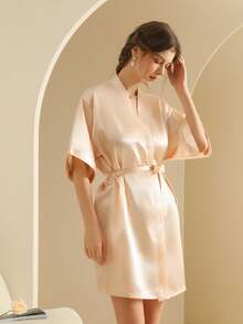 女士真丝睡袍，轻盈开襟长款睡袍，适合新娘、朋友、居家及酒店穿着。 - 香檳色 - 查看 5