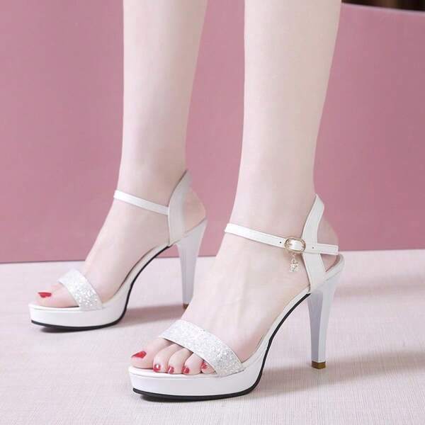 [Princess High Heels] White High Heels Women's Summer Princess Thick-Soled Thin High-Heel Sandals | Open-Toe Design, Glitter Decoration, Breathable PU Cover And Ankle Strap Closure, Fits Well, Durable Rubber Sole, Suitable For Formal Party Event