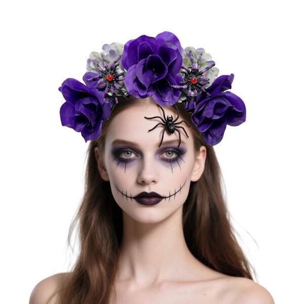 1pc Colorful Artificial Flower & Spider Headpiece - Halloween Costume Accessory - Holiday Party Headband, Hair Band, Hair Hoop, Hair Accessories, Festival Accessories ,Halloween Costumes Holiday Essential