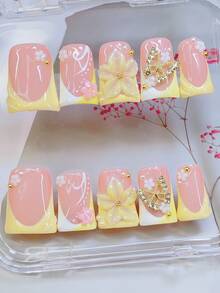 10pcs Y2K Style Nails Chic Duckbill Press On Nails Set - Handcrafted, Yellow Nails, Yellow Gradient French Style, Handmade 3D Yellow Flowers, Hand Drawn White Flower Branch And White Little Flowers Element Design, Sparkling Golden Little Steel Ball Accents - Suitable For Women And Girls, Party, Wedding, Daily Wear, Includes Tool Kit. Duck Nails. Handmade Press On Nails. Fake Nails. Nail Supplies - 彩色 - 查看 2