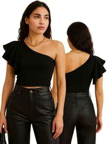 Cropped Off Shoulder Long Sleeve Ruffle Blouse One Sleeve Elegant - Black - View 1