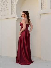 Long Party Dress With Satin Fabric And Slit For Bridesmaids Wedding - 紅木色 - 查看 3