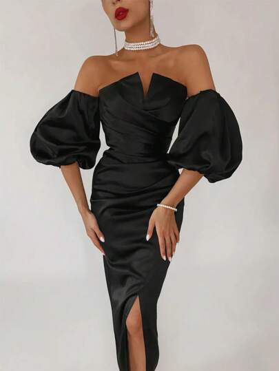 Women's Fashion Elegant Strapless Off Shoulder Midi Bodycon Dress Sexy Stain Slit Ruched Dress Black Cocktail Night Out Party Dress Summer Clothes