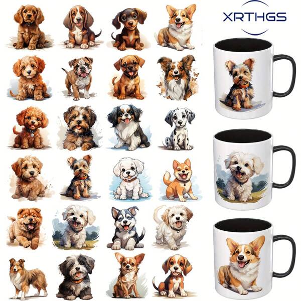 XRTHGS XRTHGS 24PCS/SET UV DTF Transfer Paper Watercolor Puppy Of Love Style UV DTF Cup Wrap Suitable For Mugs, Glasses, Tables, Chairs, Computers, High Viscosity UV DTF Transfer Wrap(Mug Not Included)