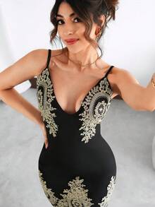 Vestido elegante con escote en Vy hombros descubiertos para mujer con bordado floral,Vestido estampado de tirantes finos - Negro - Ver 2