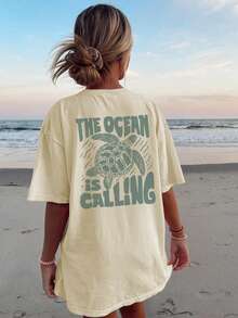 女士夏季度假海洋生物字母印花圆领T恤，图案T恤，白色、黑色、粉色