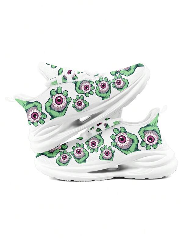 Halloween Monster Hand Eyeball Sneakers For Men, Creepy Green Zombie Print, White Sole Running Shoes, Lightweight Horror Style Footwear