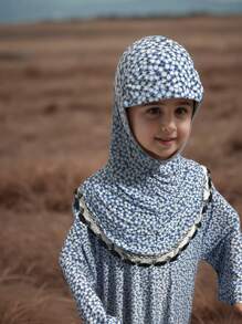 5-13 Years Old Muslim Girls' Abaya Dress (Multiple Colors Available), Traditional Arabic Style Habaya, New Fashionable Muslim Girls' Outfit, Breathable Loose Pink Floral Design With Headscarf (Multiple Colors Available)
