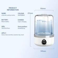 SOKANY Lavadora portátil de ropa interior, carga Tipo-C (batería de litio de 3600 mAh), pantalla digital LED inteligente. Luz azul de 360 grados que mata. Capacidad de 1.5L, modo de dos velocidades, frotado turbo bidireccional. Body compacto, fácil de almacenar. Adecuado para el hogar, hotel, dormitorio, viaje de negocios, viajes.