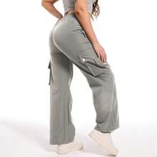 4 Flap Pockets Button Cargo Pants, Casual Loose Elastic Waist Pants,Y2K Style - Light Grey - View 6