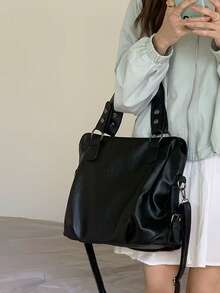 (8972)Rivet Detail Shoulder Bag, Vintage PU Crossbody Bag, Large Capacity Handbag - 黑色 - 查看 5