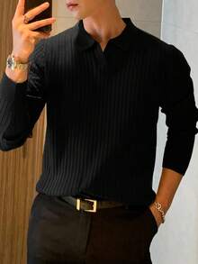 Men's Long Sleeve Ribbed Knit Polo Shirt, Simple & Fashionable, Suitable For Commuting, Spring & Autumn