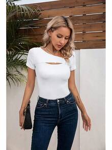 Womens Fashion Fall Cutout Long Sleeve Ribbed Slim Fitted Tops Shirts Tee Tshirts - 短白 - 查看 8