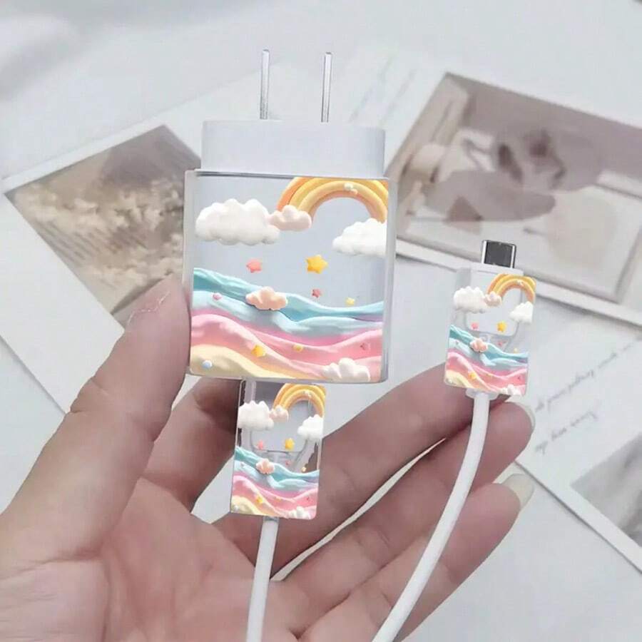 3件套彩虹云图案透明保护套，兼容三星25W充电器，兼容三星Galaxy手机充电器适配器盖，25W充电器保护套套件，电缆套，充电器头盖。礼品，透明保护套，充电器适配器外壳 Nan 电缆保护套 充电器配件 手机配件 - 無色 - 查看 1