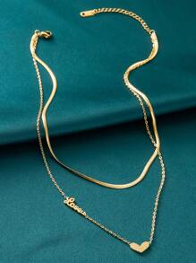 1 件简约休闲双层项链，带心形标签“LOVE”长毛衣链，女士日常服装配饰