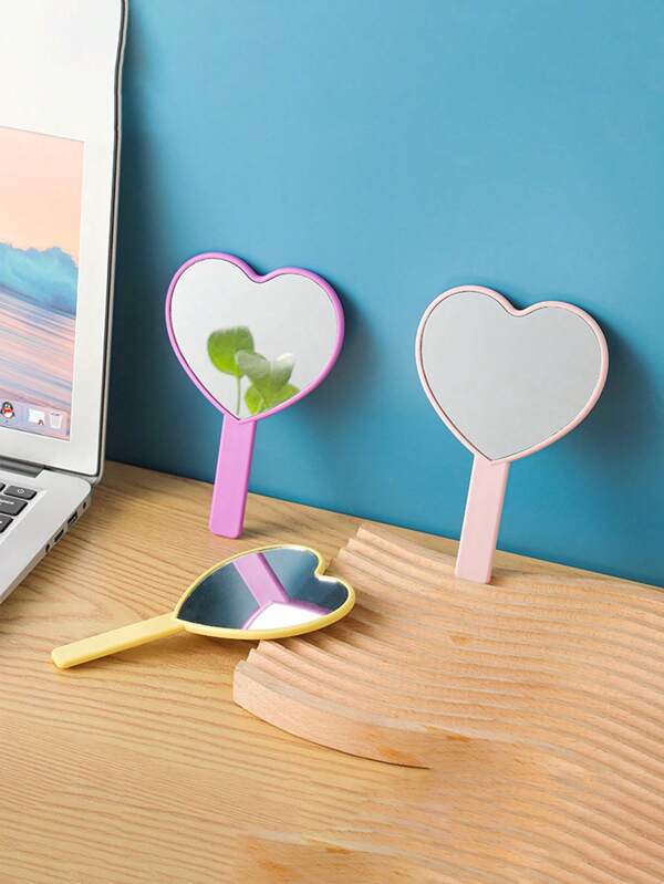 1pc Heart-Shaped Handheld Travel Mirror With Long Handle, Portable Makeup Hand Mirror, Women Gift For Valentine's Day