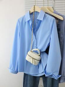 Plain Button-Up Casual Long Sleeve Shirt, Suitable For Daily Wear In Autumn - Blue - View 4