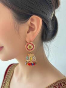 Elegant Traditional Earrings, Gorgeous Bollywood Style Rhinestone Birdcage Pendant With Bead Pendant Colorful Earrings Suitable For Women's Daily Or Party Wear, Festivals , Wedding Accessories, Jewelry Gifts
