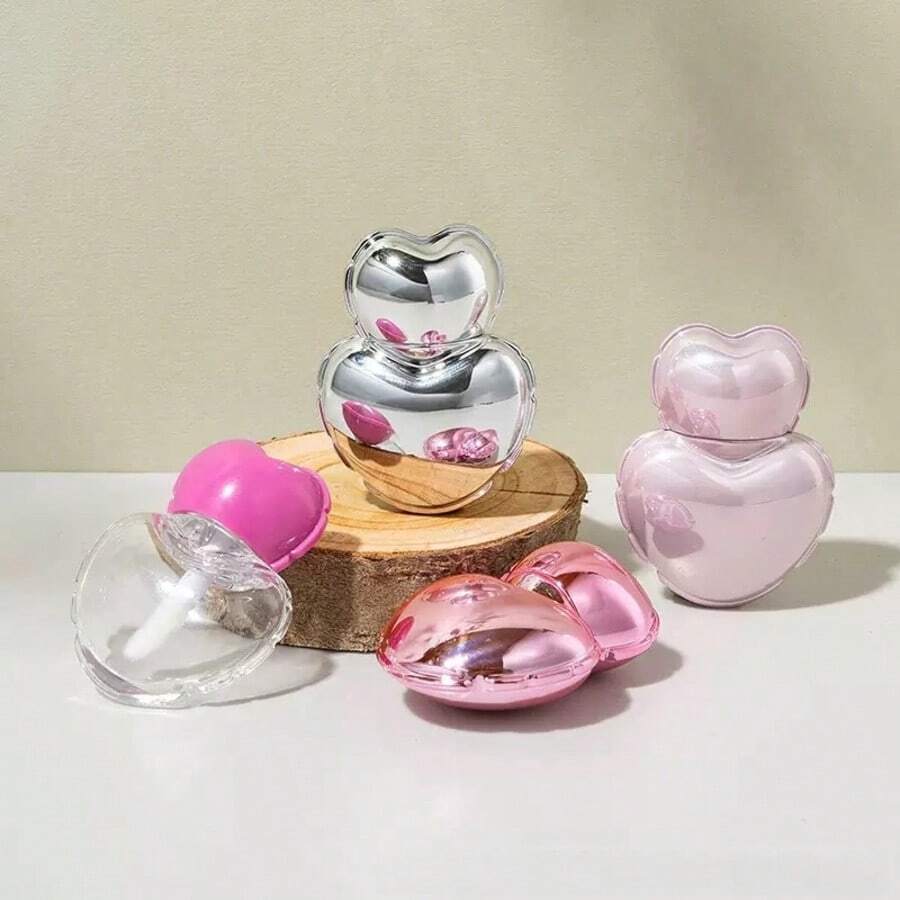 2pcs 7ml Heart-Shaped Lip Gloss Bottles, Cute Heart Lip Tint Empty Containers, Silver Cosmetic Refillable Jars - Multicolor - View 1