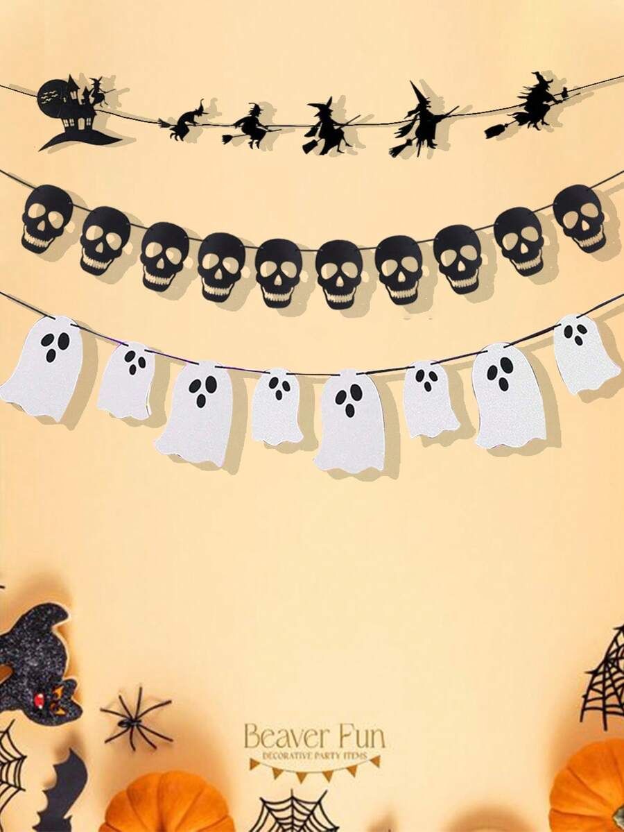 3pcs/Set Halloween Banner,Halloween Decor,Hanging Ghost Banner Witch Banner Skeleton BannerWhite Glitter Halloween Party Ghost Banner For Haunted Houses Doorways Indoor Outdoor Home Decor Haunted Mansion Halloween Ghost Decorations - Multicolor - View 1