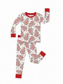 Bamboo Fiber - Christmas Tree Cake Print Set, Comfortable And Fitted, Highly Elastic, Machine Washable, Suitable For Outdoor Use Christmas Gift For Infant Boy Girl Toddler. - 紅色 - 查看 1