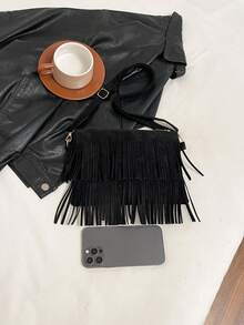 1 pieza Bolso bandolera de uso casual y versátil de moda con cremallera suave de PU negro, decoración con borlas, adecuado para uso diario de mujeres - Negro - Ver 7