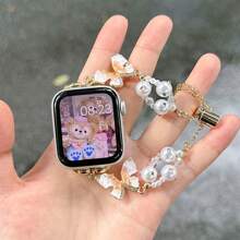 1 条适用于 38 毫米 40 毫米 42 毫米 44 毫米 41 毫米 45 毫米 46 毫米 49 毫米 Ultra Watch Series 10 9 8 7 6 5 4 3 2 的玫瑰金不对称仿珍珠蝴蝶手链腕带，适用于女式 表带