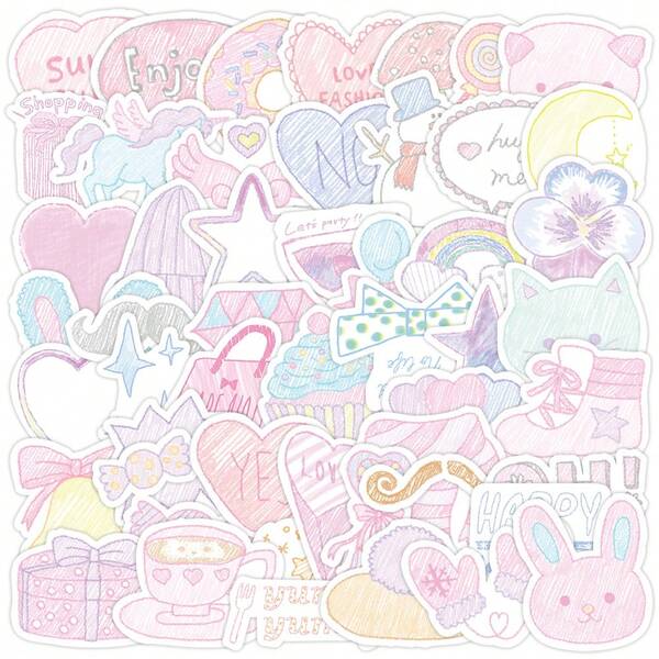 50PCS Cute Crayon Drawings Stickers Vinyl Stickers Scrapbook, Journaling, Laptop, Bumper, Skateboard, Water Bottles, Computer, Phone, Cartoon, Hard Hat, Car Stickers