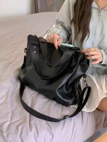 (8972)Rivet Detail Shoulder Bag, Vintage PU Crossbody Bag, Large Capacity Handbag - 黑色 - 查看 7