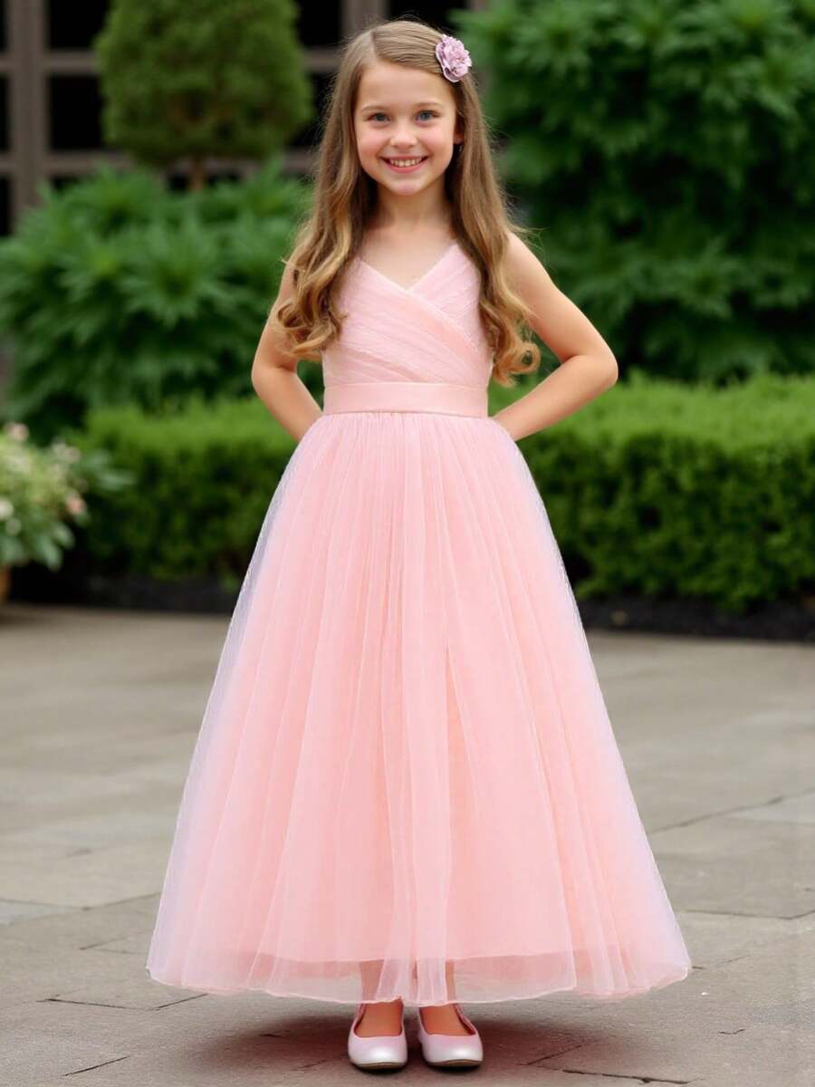 Flower Girls Spaghetti Strap Tulle Dress Long A Line Wedding Pageant Dresses Princess Birthday Party Ball Gown - 珊瑚粉 - 查看 1