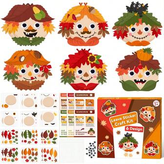 DIY 秋叶贴纸工艺套件，适合感恩节礼物，制作秋叶脸贴纸，适合派对 DIY 游戏贴纸玩具，组装可爱的秋叶卡通脸贴纸，适合学校手工课家庭互动教育玩具