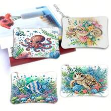 1 Set Diamond Painting Craft Kit, Ocean Animal Style Coin Purse Women Ins Zipper Mini Bag, Women Short Hanging Pouch With Keychain Card Holder, Made With Crystal Round Diamond DIY, Suitable For Daily Travel Carry-On Storage