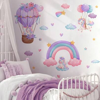 BRUP Rainbow Hot Air Balloon, Star, Cloud, Heart Wall Stickers, Suitable For Children's Room, Nursery, Bedroom, Nursery Decoration
