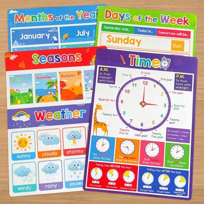 Lachilly 4 PCS/Set Educational Posters Preschool Kids Learning English A4 Poster Week Month Time Weather Season Children Kindergarten Cartoon Picture Wall Decoration Educational Poster