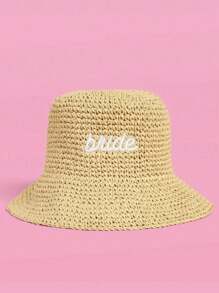 1 Pc,Embroidered,Bride Straw Bucket Hat |Back To School,Beach Bachelorette Accessory, Bridal Headwear, Bach Party Decorations, Bridesmaid Gift, Wedding Cap Brown - Multicolor - View 3