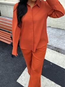 Seelio Spring/Summer New Arrival Lightweight Linen Shirt And Wide Leg Pants Set For Women - Orange - View 3