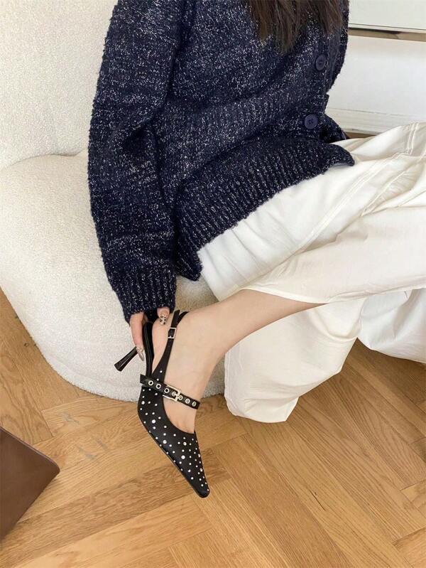 Sandalias de mujer con punta puntiaguda con lentejuelas, abertura plana, correa con hebilla y tacones de aguja altos.